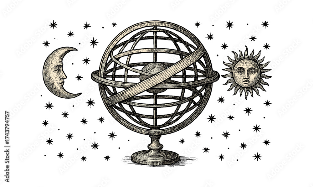 Obraz premium Vintage astronomical design with armillary sphere, moon, and sun in engraved style