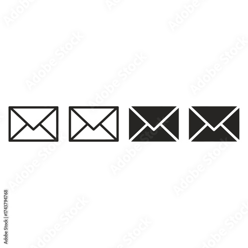 Four minimalist email envelopes icons representing communication and messaging services