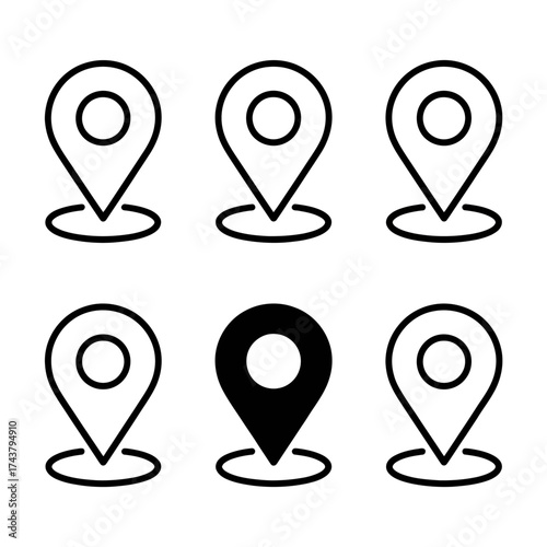 Set of six minimalist location pin icons for navigation and mapping applications