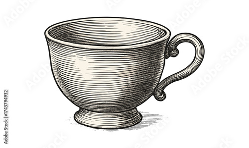 Elegant engraved tea cup with spiral handle in classic vintage style