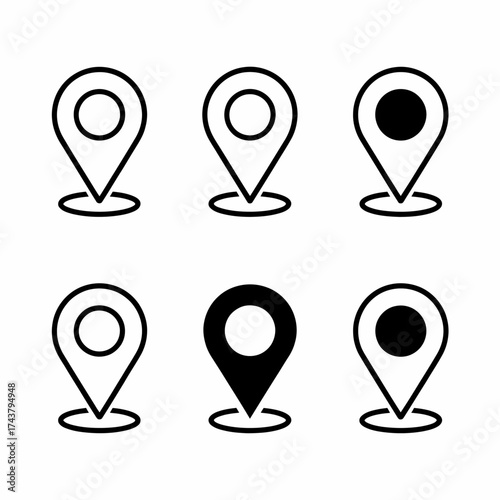 Minimalist location pin icons set for navigation and geolocation applications