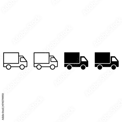 Set of four delivery truck icons line art and solid fill for shipping and logistics
