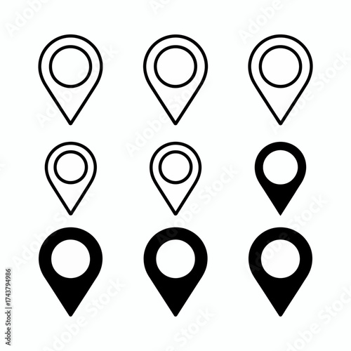 Set of six minimalist location pin icons outline and filled styles for navigation and maps