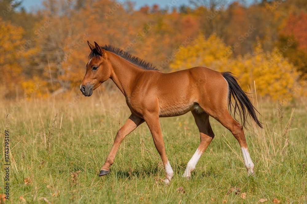 Obraz premium Young horse wanders freely in autumn