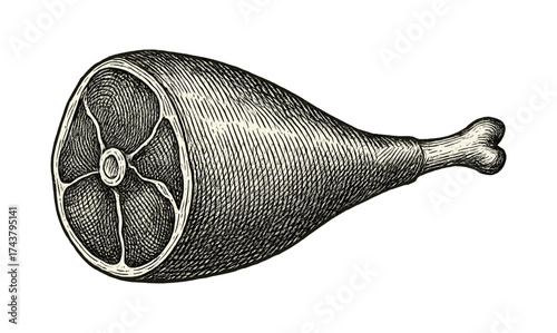 Vintage engraving of a ham with bone highlighting detailed texture in retro style