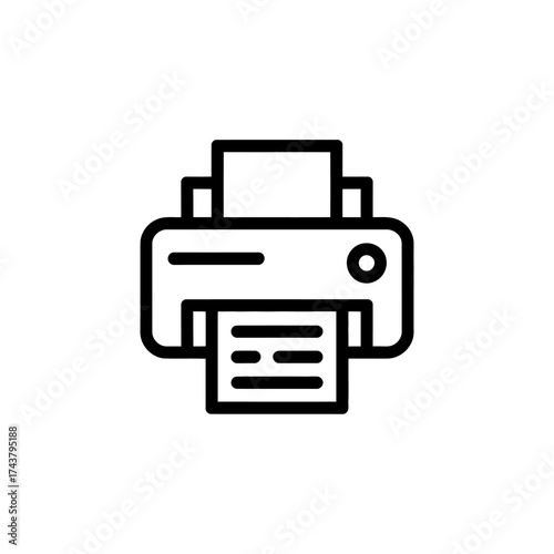 Simple black and white line art icon of a printer printing a document