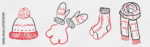 Hand drawn winter clothing set. Socks, scarf, hat, and gloves for cozy seasonal fashion. Merry Christmas holiday. Vector sketch illustration in vintage crayon charcoal style with red accents.