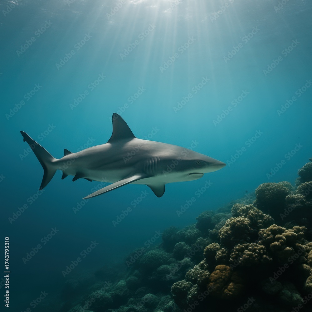 Obraz premium Shark swimming over coral reef in clear ocean water
