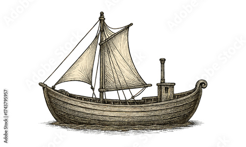 Vintage sailboat drawing with detailed sails and wooden hull