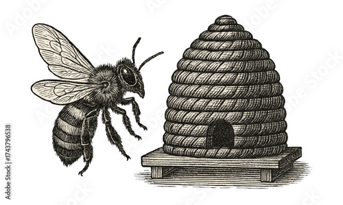 Detailed vintage drawing of a bee and a classic beehive