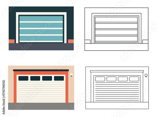Modern flat vector illustration of industrial garage doors and warehouse buildings, perfect for business, logistics, shipping, factory, and architectural design projects in commercial and transport.