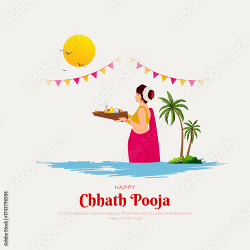 Happy Chhath Pooja Post and Greeting Card. Minimal and Modern indian Festival Poster and Flyer Template with Text. Vector Illustration