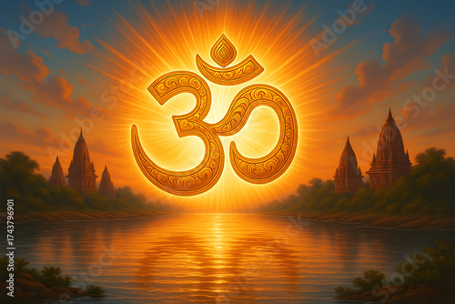 Mystical Om symbol glowing and reflecting on the water with a beautiful temple scene at sunset