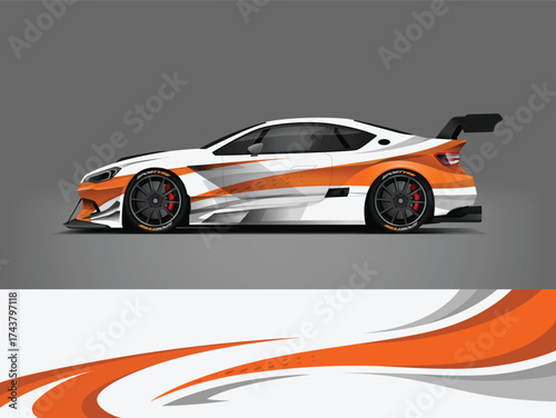 Editable vector EPS car wrap featuring orange and white flowing wave graphics. Livery design for sport car