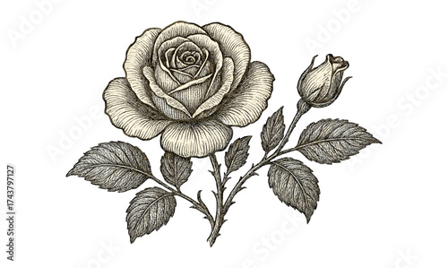 Elegant vintage rose and bud floral artwork with detailed line art