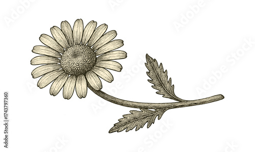 Detailed engraving of a chamomile flower with stem and leaves
