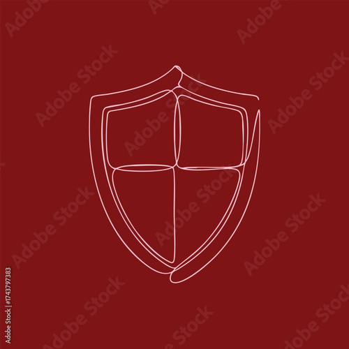 Minimalist line art of a shield symbol with a simple design on a deep red , representing protection and security concepts