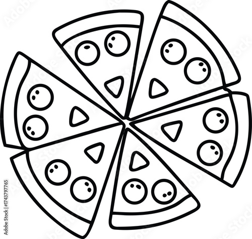 Simple minimalist line art drawing of a whole pizza cut into slices