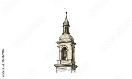 Detailed architectural church bell tower sketch with dome and cross