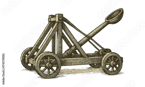 Medieval siege weapon catapult in vintage engraving style