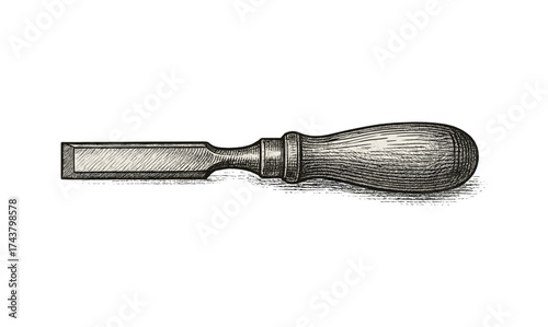 Hand drawn woodworking chisel with wooden handle in vintage style