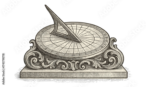 Intricate vintage sundial with ornate base in detailed engraving style