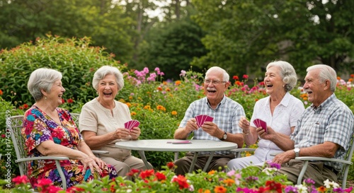 Group of senior people playing cards together in a beautiful garden setting