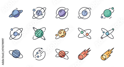 Collection of cartoon planets and celestial objects with orbiting rings and paths, in a colorful, minimalist style.