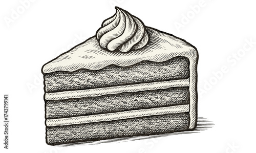 Hand-drawn slice of layered cake with frosting and cream topping