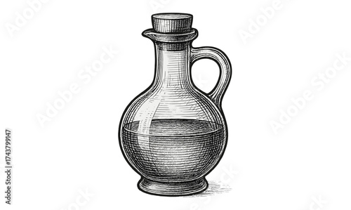 Vintage glass decanter sketch with handle and stopper detailed in black and white