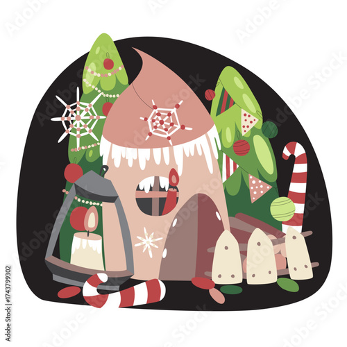 Flat style vector illustration on a New Year's theme. A cute little New Year's house with Christmas trees and decorations.