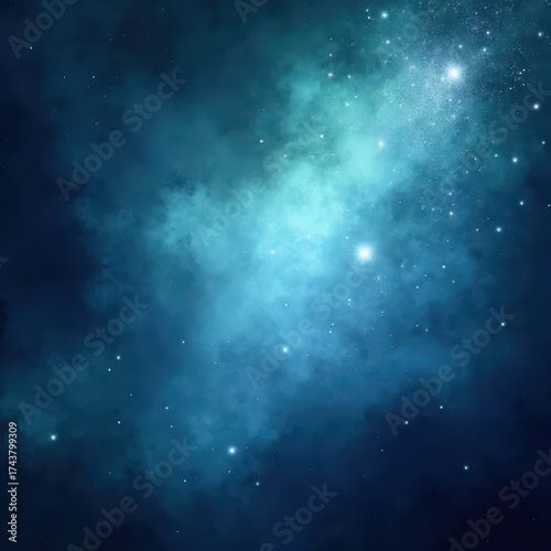 Stunning cosmic scene featuring vibrant nebula with shades of blue and green, scattered stars, and sense of vastness and mystery
