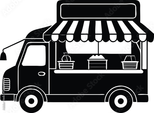 Stylized black and white food truck ready for service with awning and baskets