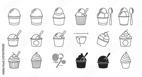 A collection of various ice cream cups and desserts presented in simple line art.