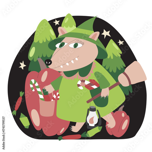 Flat style vector illustration on a New Year's theme. A cute little New Year's house with Christmas trees and decorations.