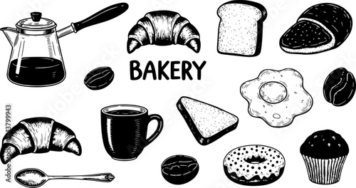 Hand-drawn black and white line art of a classic breakfast set including a croissant, toast, fried eggs, coffee, and juice. Minimalist doodle-style vector illustration perfect for coloring books, food