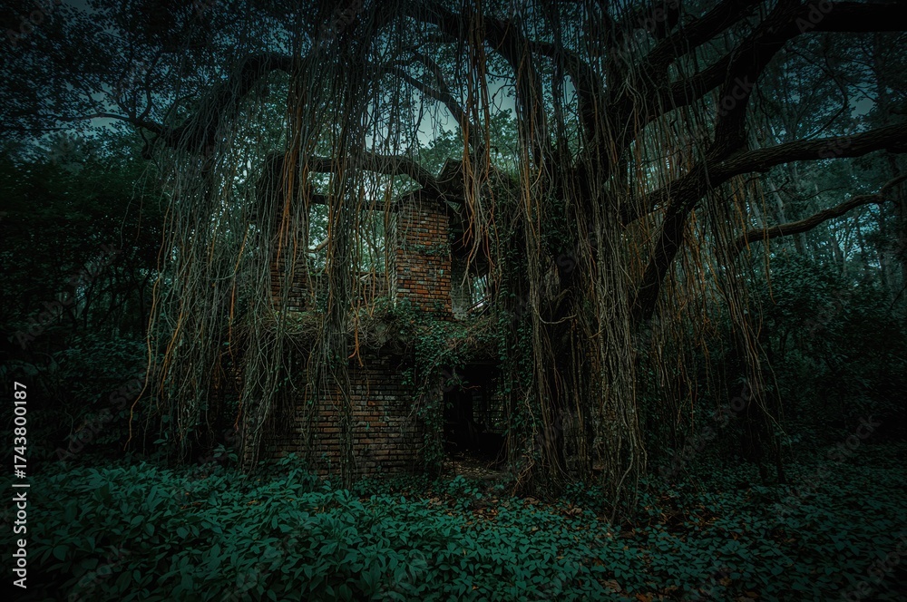 Fototapeta premium Deserted brick house remnants found near a large tree entwined with vines in dense woodland. Eerie, ghostly setting. Concept for a suspenseful mystery novel cover.
