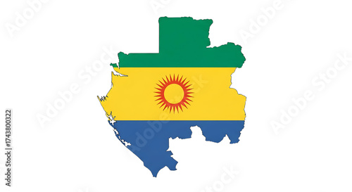Flag map of gabon isolated on transparent background the gabonese flag is a horizontal tricolor of green, gold, and blue the map is a silhouette of the countrys borders, filled with the flags colors