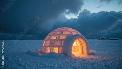 Beautifully crafted igloo stands in snowy landscape, illuminated from within, showcasing its unique architecture against dramatic sky