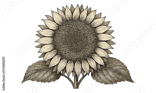 Vintage botanical sunflower drawing with detailed leaves and petals