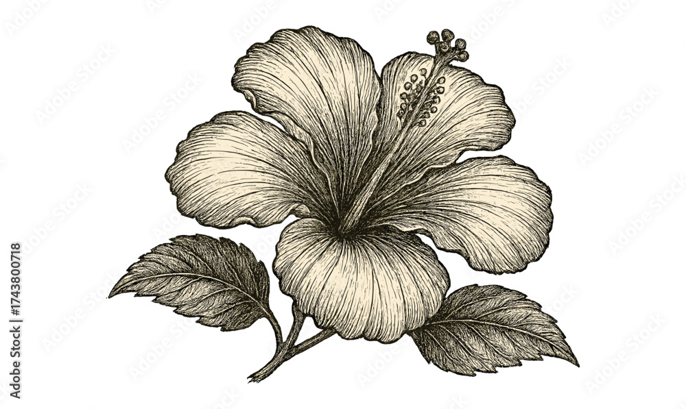 Fototapeta premium Elegant ink hibiscus with detailed leaves in vintage botanical style