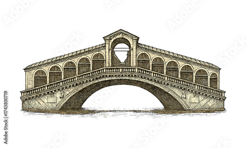 Detailed architectural bridge drawing depicting historic stone arch structure