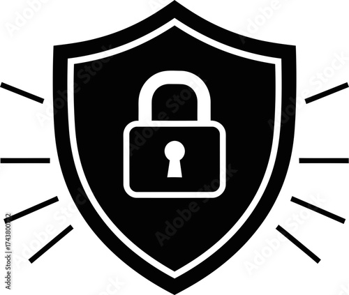 Security shield with padlock and light rays icon. Protection concept, safe guard sign. Vector illustration for privacy, network, website, app