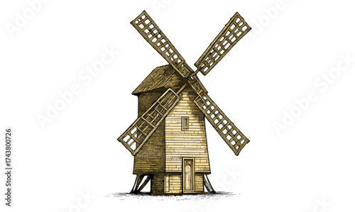 Vintage wooden windmill with detailed architectural design on white background