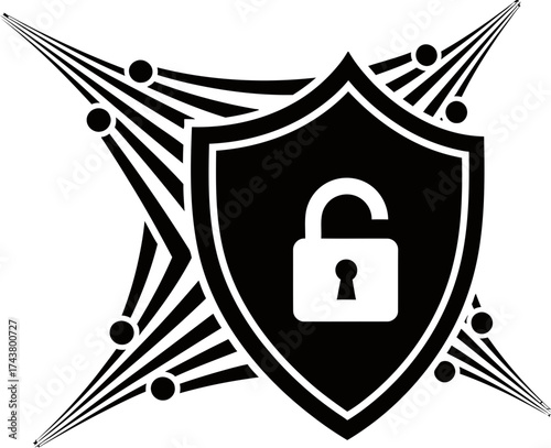 Security shield with unlocked padlock symbol for data protection and access granted concept. Vector outline illustration