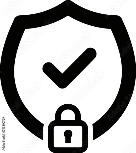 Shield with check mark and padlock symbol on white background. Protection, security, privacy, safety concept. Vector icon illustration