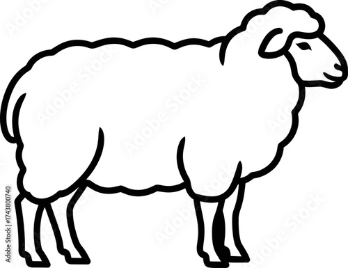 A simple black outline sheep or lamb standing symbol with fluffy wool. Farm animal for livestock, agriculture concept. Vector illustration for icon, label, logo, graphic design for kids