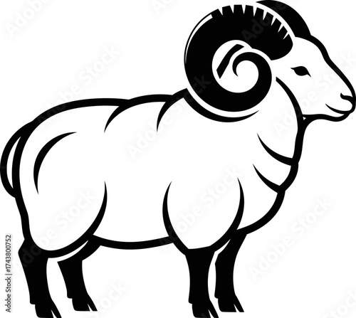 Ram sheep with large horns standing side view. Domestic animal concept. Vector illustration for agricultural business, farm, food, nature, zodiac