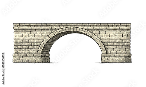 Vintage engraved stone bridge with brick arch on white background