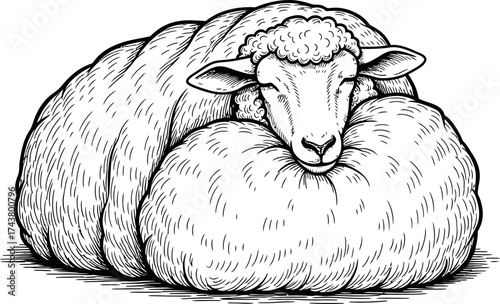 Fluffy sheep with thick wool, a farm animal for agricultural themes, livestock, and nature concept. Vector illustration in contour line style, black and white